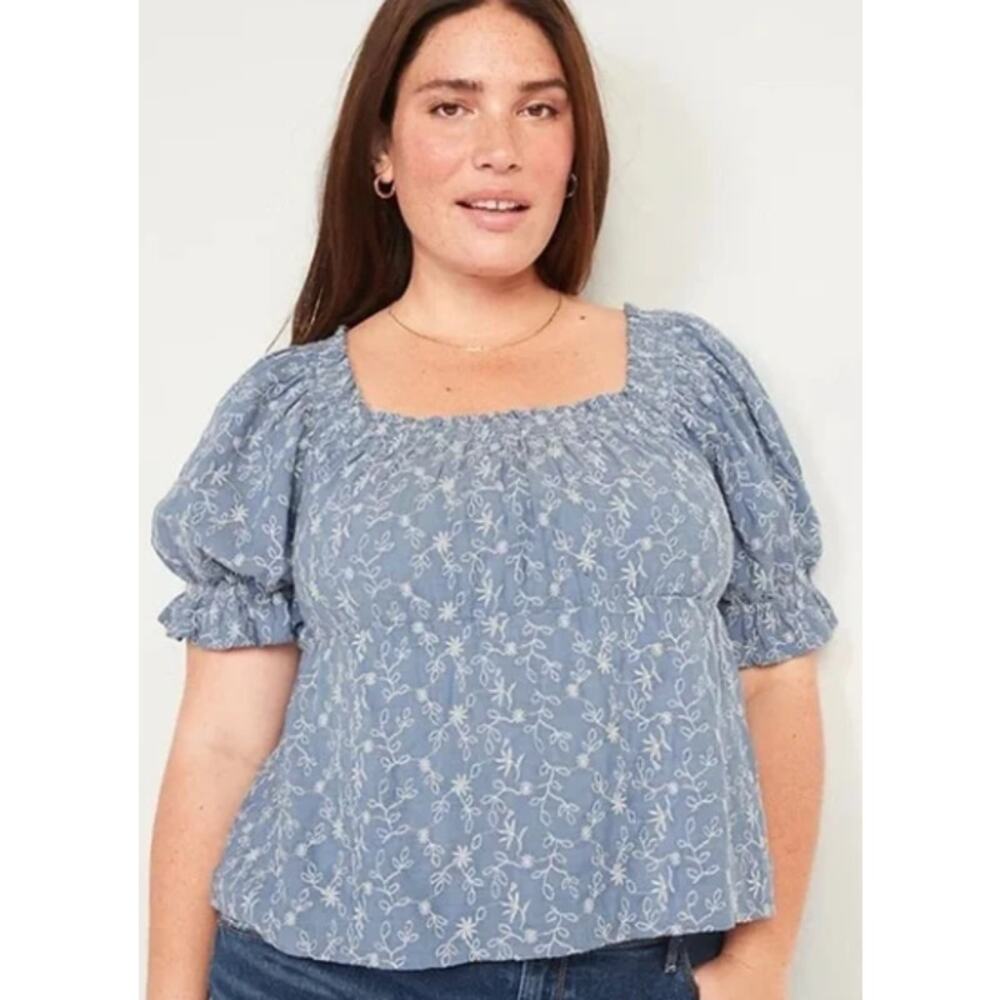 Old Navy Top Womens 4X Smocked Babydoll Eyelet Square Neck Puff Sleeve Chambray